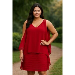 Avenue Womens Red Dress Sleeveless Overlay Embellished Party Cocktail Size 16